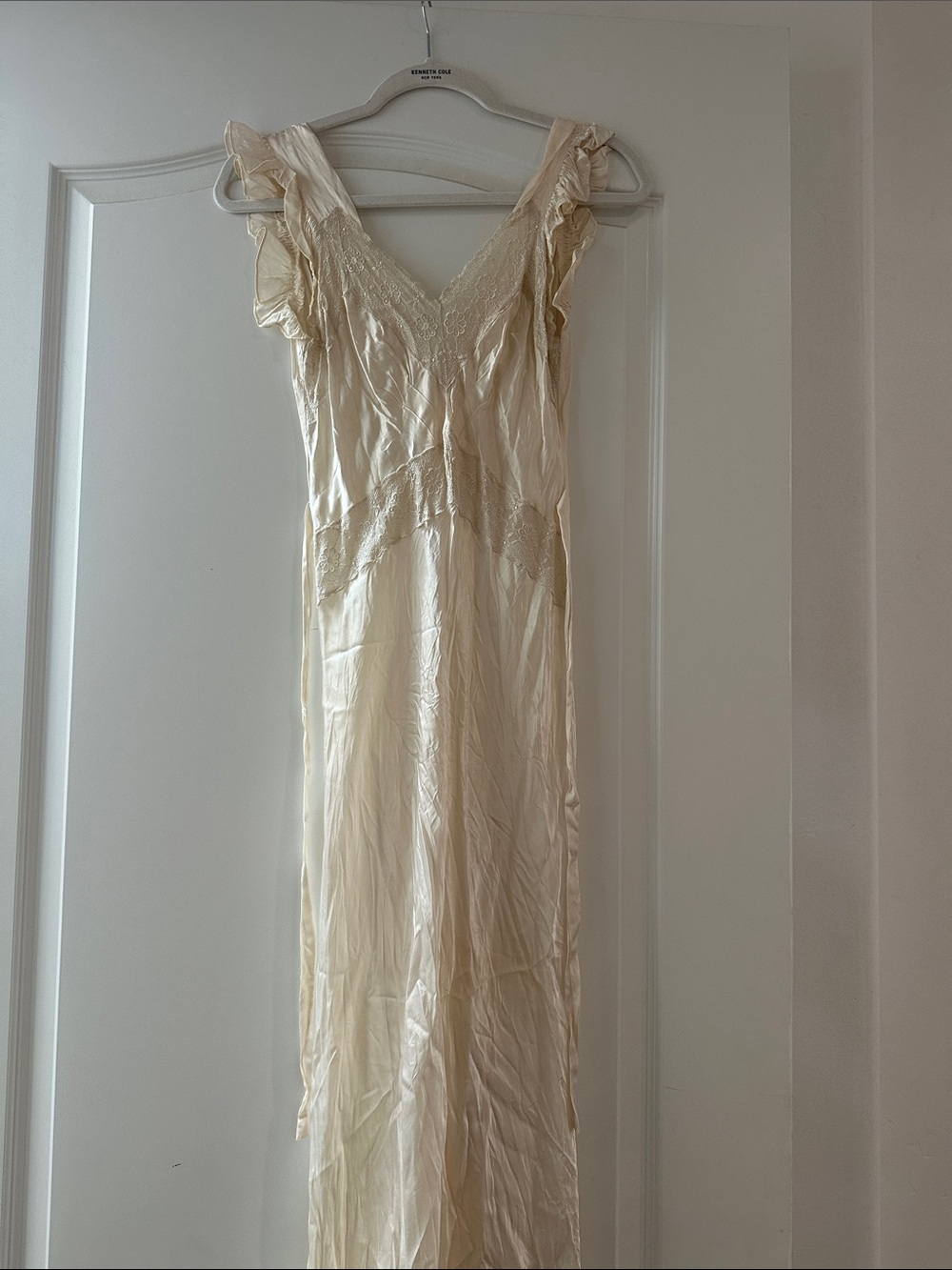 Silk Lace Trim Long Slip Nightgown in Cream - Unbranded